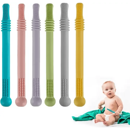 Fu Store Hollow Teether Tube Chew Straw Sensory Toy for Infant Toddlers Silicone Tubes Teething Toys for Babies 18-36 Months Gifts Learning Developmental Toys BPA Free Freezable 6 Pack