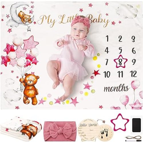 Sleeping Bear Monthly Baby Milestone Blanket Bear Star Balloon Flannel Blanket Newborns Month Blankets with Bow Headband, Frame, Wooden Signs for Boys Girls Nursery