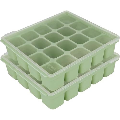 Baby Food Storage Silicone Cubes with Clip-On Lid Freezer Tray Baby Food Soups Purees Ice Safe Design Made in Korea (20cubes 0.8oz, Celadon Green Set of 2)
