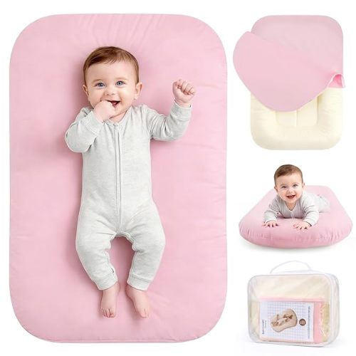 Infant Support Cushion, Baby Lounger 0-24 Months – Portable Tummy Time Mat & Rest Pod, Soft Cotton, Waterproof, Machine Washable, Safe for Supervised Play, Back Support (Pink)
