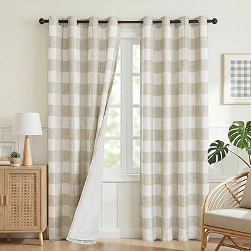 MYSKY HOME 100% Blackout Tan Plaid Farmhouse Curtains 84 inch Length 2 Panels Buffalo Gingham Rustic Linen Double Layer Thermal Insulated Grommet Window Treatments for Living Room, W52 Each Panel