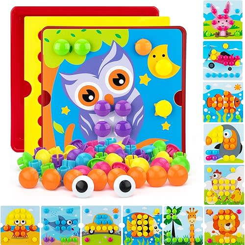Button Art Toys for Toddlers, Crafts for Age 3-5, Early Educational Toys, Color Matching Mosaic Pegboard, Fine Motor Skills Game, Preschool Learning Activity Gifts for Boys & Girls 3+