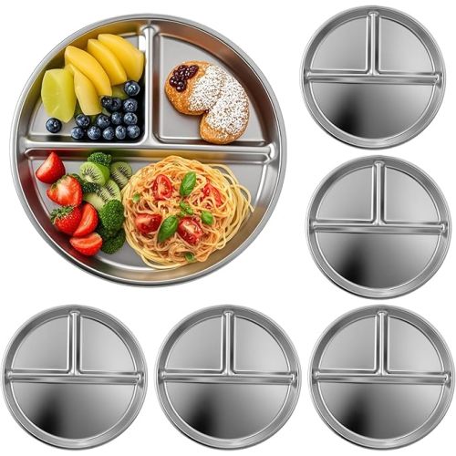 A set of 6 reusable 9-inch 304 stainless steel kids' plates, suitable for children to serve rice, noodles, ice cream and more.