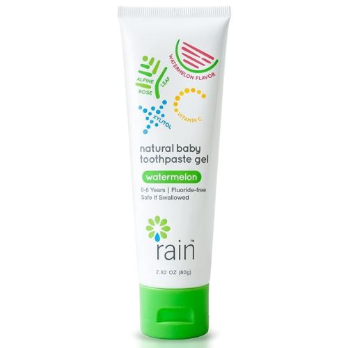 Rain Natural Baby Fluoride Free Kids Toothpaste Gel - Safe to Swallow Infant Toddler Tooth Paste, 2.8 Oz, Babies Training, Ages 6 to 12 months and Up Vitamin C Watermelon Toothpaste for Kids 0-6 years