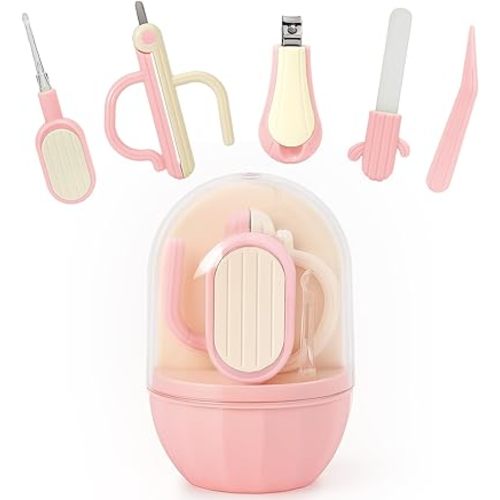 5-in-1 Baby Nail Kit with Storage Case, Cactus Theme Design Including Baby Nail Clippers, Nail Scissors, Nail File, Tweezers & Nose Picker, Newborn Essentials Must Haves for Baby Shower(Pink)