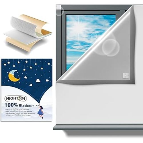 NIGHTON Portable Blackout Curtains 100"×59", Strong Hook and Loop Tape Strips with Adhesive, Cuttable Blackout Window Cover, 100% Black Out Material Blinds for Baby Nursery or Travel - White - 09