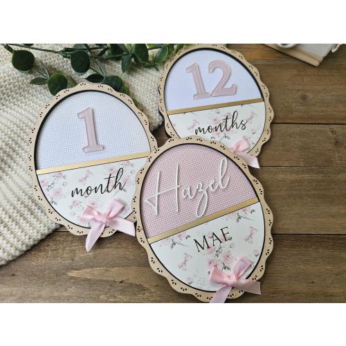Vintage Floral Baby Milestone Markers with Personalized Name Sign | Pink Bow Monthly Milestone Set | Baby Girl Photo Prop