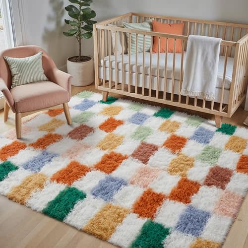 PureCozy Checkered Rug 4x6 for Living Room, Modern Neutral Shag Rug Super Soft Washable Fluffy Rugs Indoor Fuzzy Carpet for Bedroom Home Dorm Aesthetic Decor
