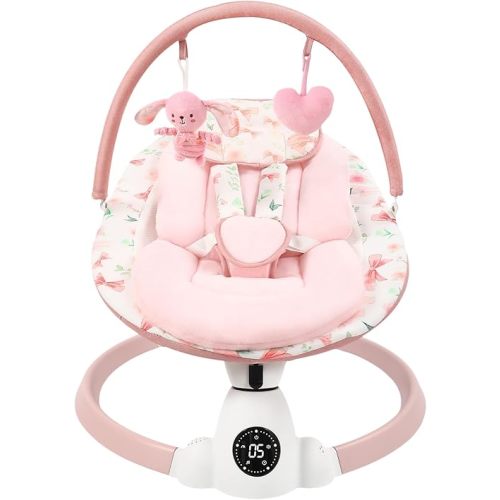 Baby Swing for Infants with 5 Swing Speeds, Portable Electric Baby Swing with Bluetooth, Remote Control & Touch Panel, 5-Point Harness, Indoor & Outdoor Use, Pink