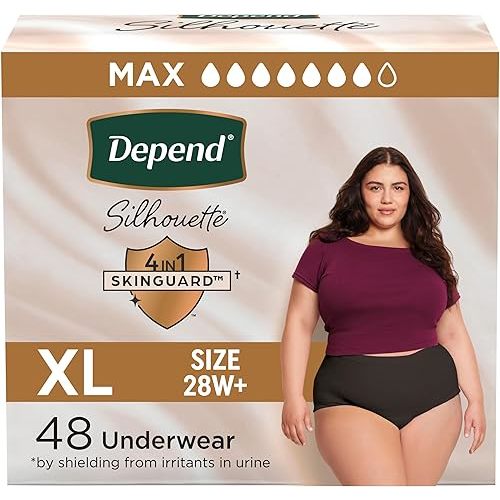 Depend Silhouette Adult Diapers, Incontinence & Postpartum Bladder Leak Underwear for Women, Maximum Absorbency, Extra Large, Black, 48 Count (2 Packs of 24), Packaging May Vary