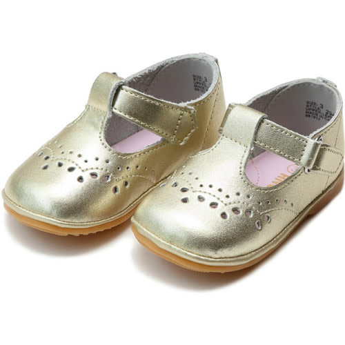 Baby Birdie Leather T-Strap Stitched Mary Jane, Gold - Angel Shoes | Maisonette