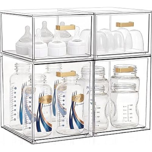LALOBLUE Clear Stackable Drawer Organizer, 4 Pack Acrylic Storage Drawers with Pull-Out Design, Space-Saving Organizer for Bathroom, Vanity, Kitchen & Office