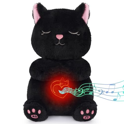 Breathing Stuffed Animal - Black Cat Plush Baby Toy, Soothing Sound Machine with Realistic Breathing Motion and Lights, Sleeping Plushies Gifts for Anxiety Adults and Kids