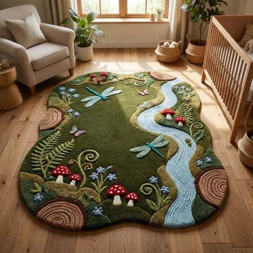 Woodland Nursery Rug, Mushroom Tufted Fairy Forest Rug, Cottagecore Kids Playroom Area Decor