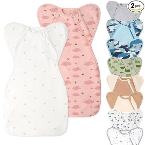 Organic Cotton Baby Sleep Sacks Swaddles for Newborn 0-3 Months Girls, Arms Up Swaddle Blanket 2 Packs Hands Up 3-Way Transitions to Arms-Free Wearable Sleeping Sack Bag Snug Fit Calms Startle Reflex