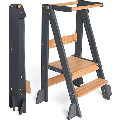 OCODILE Adjustable Foldable Toddler Tower – Folding Tower for Kids | Montessori Toddler Kitchen Step Stool Helper for Independence - Gray