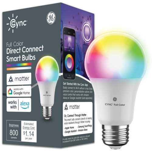 GE Cync A19 Smart LED Light Bulb, Color Changing Indoor Décor Lights, 60 Watts, Medium Base, 1pk