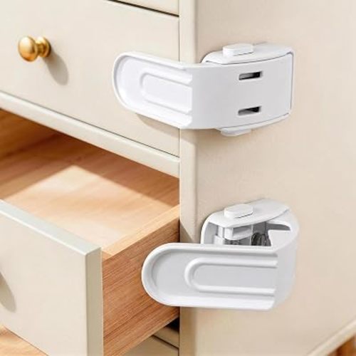 Maveek Baby Safety Drawer Lock - 4 Pcs Upgraded Baby Proofing Locks, One Hand Operation Infant Latches For Corner Drawers, Kitchen Cabinets, No Drill Child Proofing Kit (White)