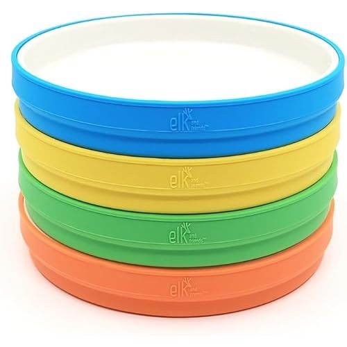Elk and Friends Kids 7.8” Porcelain White Plates with Silicone Sleeves | Suitable for Kids/Toddlers | Microwave & Dishwasher Safe | Non Slip | Snack Dishes