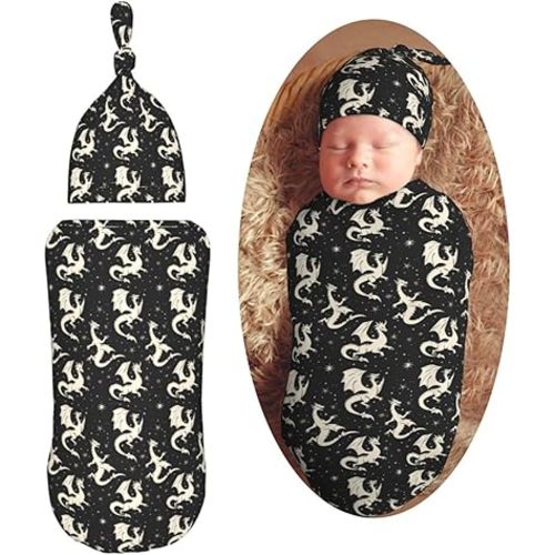 Fire Dragon with Stars Newborn Swaddle Blankets Hat Sets Soft Baby Receiving Blanket Swaddle Sack for Baby Shower Infant Boy Girl Gift