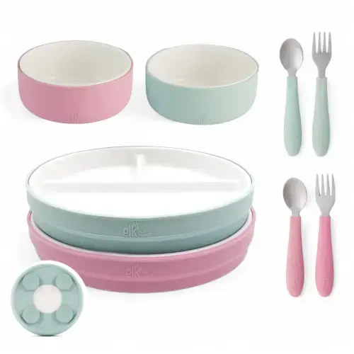Kids Porcelain Mealtime Bundle | Plates, Bowls + Toddler Utensils | Suction Sleeves | Blush/Sage