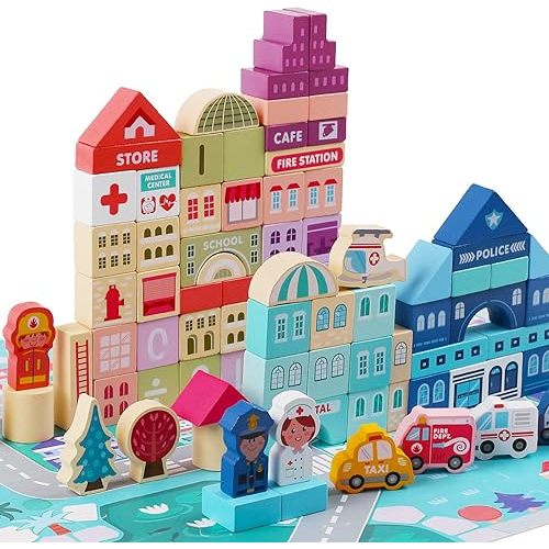 LENNYSTONE Wooden Building Blocks for Toddlers, Kids City Construction Stacking Creative Toys, Preschool Learning Education Block for Boys Girls Ages 2 3 4 5 (120 pcs)