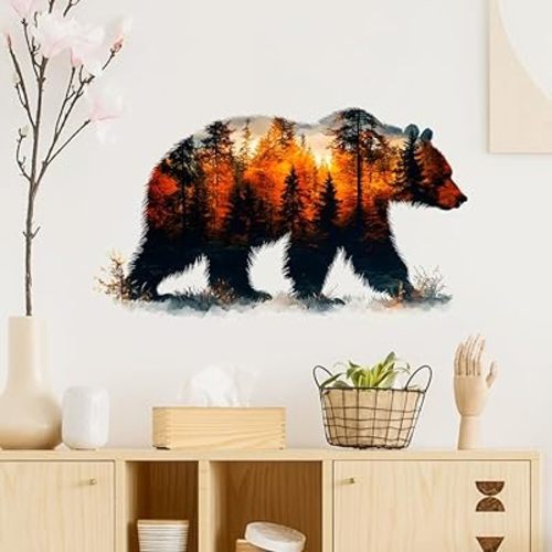 Bear Forest Silhouette Wall Decals Removable Autumn Nature Vinyl Stickers for Nursery Living Room and Bathroom Woodland Decor Peel and Stick Wall Art