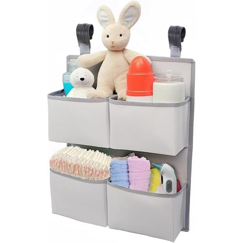 Hanging Diaper Organizer for Crib/Playard/Bassinet – H19 x L15 Hold 80+ Diapers - Changing Table Diaper Holder - Hanging Diaper Stacker Nursery Caddy Organizer for Boy or Girl (Silver-grey)
