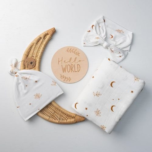 Organic Muslin Swaddle Blanket and Hat Set – Moon and Stars Nursery Decor – Sun & Moon Baby Hospital Receiving Outfit for Birth Announcement, Newborn Photography