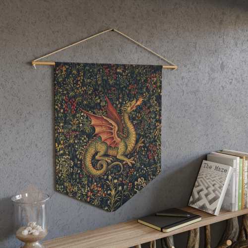 Medieval Dragon Pennant Banner, Whimsical Mythical Tapestry, Antique Wall Hanging, Moody Decor