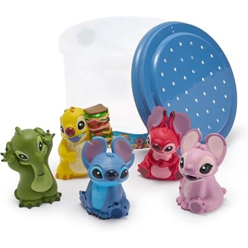 Disney Store Official Lilo & Stitch Bath Toys Set - Includes 5 Character Toys with Straining Storage Bucket - Bath Time Water Play Set for Kids