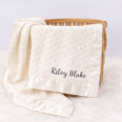 Personalized Minky Baby Blanket with Name- Satin Trim Newborn Gift, Embroidered Baby Name Shower Gift, Custom Dot Stroller Throw