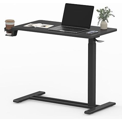 FLEXISPOT Mobile Standing Desk with Wheels Pneumatic Laptop Desk Rolling Computer Cart Movable Height Adjustable Small Sit Stand Workstation Home Use (31.5" W x 17.7" D, Black)