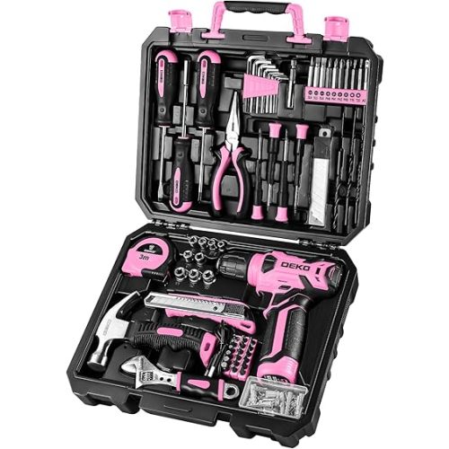 DEKOPRO Drill Set, Home Tool Set with 8V Pink Cordless Drill, Hand Tool Kit for Women, 126 pcs