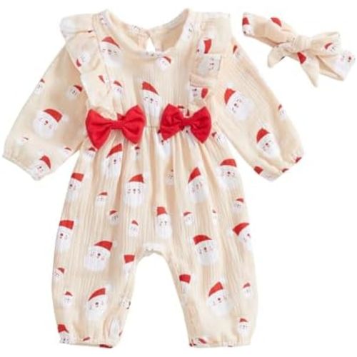 Newborn Baby Girl Christmas Outfits Puff Long Sleeve Santa Claus Print Jumpsuit Linen Fall Romper with Headband