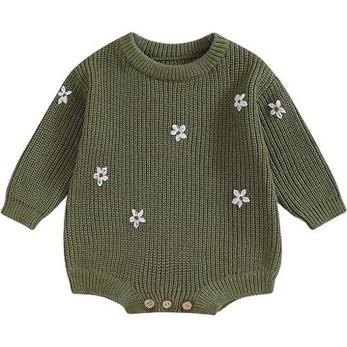 Qiylii Infant Baby Girl Flower Knit Sweater Romper Crewneck Long Sleeve Pullover Sweatshirt Onesie Fall Winter Clothes