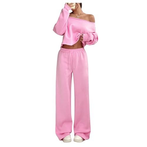 SOLY HUX Women's 2 Piece Outfits Fall Sweatsuits Off The Shoulder Crop Top Wide Leg Sweatpants Casual Matching Lounge Sets