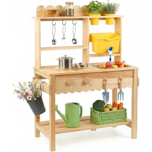 Wooden Mud Kitchen for Kids Outdoor - Play Kitchen with Real Running Water Sink & Removable Sink, 10-Piece Accessory Set with Stainless Steel Cookware & Planter Pots, Montessori Toy Gift for Ages 3+