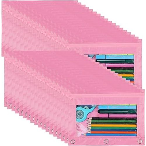 YoeeJob 36 Pack Zipper Pencil Pouch for 3 Ring Binder with Clear Window for School and Office Supplies (Pink)