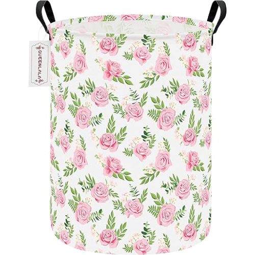 QUEENLALA Large Storage Basket,Laundry Hamper/Bathroom/Home Decor/Collapsible Round Storage Bin,Boys and Girls Hamper/Boxes/Clothing(Round-Pink roses)