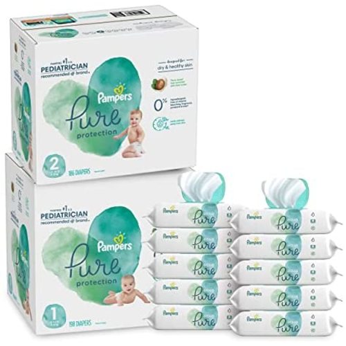 Pampers Pure Protection Disposable Baby Diapers Starter Kit (2 Month Supply), Sizes 1 (198 Count) & 2 (186 Count) with Aqua Pure Baby Wipes, 10X Pop-Top Packs (560 Count)