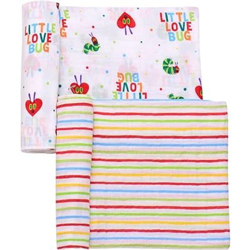 2 Pack Cotton Muslin Swaddle Blankets for Baby, 40" x 36", Lightweight, Breathable (The Very Hungry Caterpillar, Little Love Bug) Multicolored