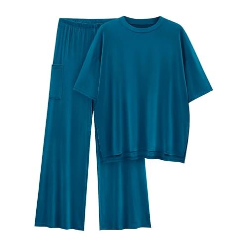 KIRUNDO 2 Piece Lounge Sets for Women Airport Travel Vacation Outfits Summer Casual Loose Short Sleeve Tops & Wide Leg Pants