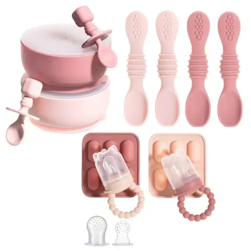 Silicone Baby Feeding Set, Baby Suction Bowls with Lids, 4-Pack Led Weaning Feeding Spoon , and Silicone Baby Fruit Feeders, Freezer & Dishwasher Safe