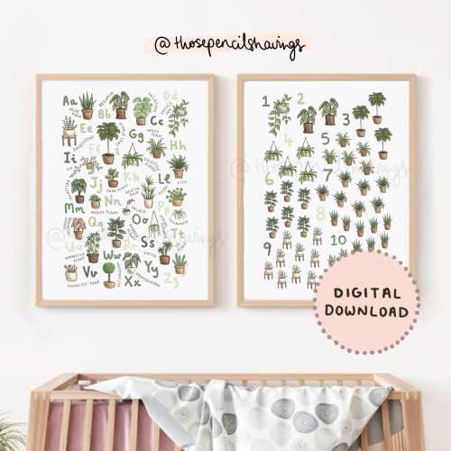 Houseplant Alphabet and Counting Print Set of 2 | Botanical abc 123 Posters for Kids | Printable Nursery Wall Art | DIGITAL DOWNLOAD