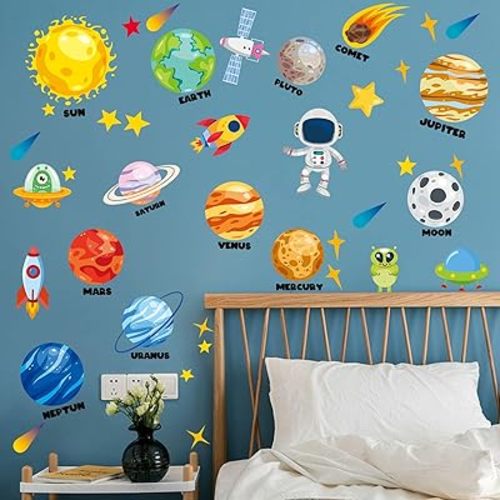 Outer Space Wall Decals - 4 Sheets 58 Pcs Large Space Planets Rocket Astronaut Wall Stickers Peel and Stick Removable Wall Decors for Kids Baby Bedroom Boys Room Nursery Playroom Classroom