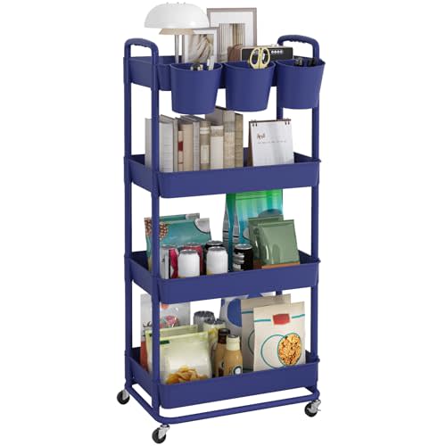 JIUYOTREE 4-Tier Plastic Rolling Storage Cart Utility Cart with Extra Hanging Cups Handles Lockable Wheels for Living Room Bathroom Kitchen Office Blue
