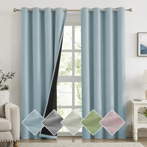 Melodieux 100% Blackout Curtains for Bedroom, Linen Textured Light Blue Black Out Curtains 84 Inch Long, Grommet Top Thermal Insulated Window Drapes for Living Room, 52" W x 84" L, 2 Panels