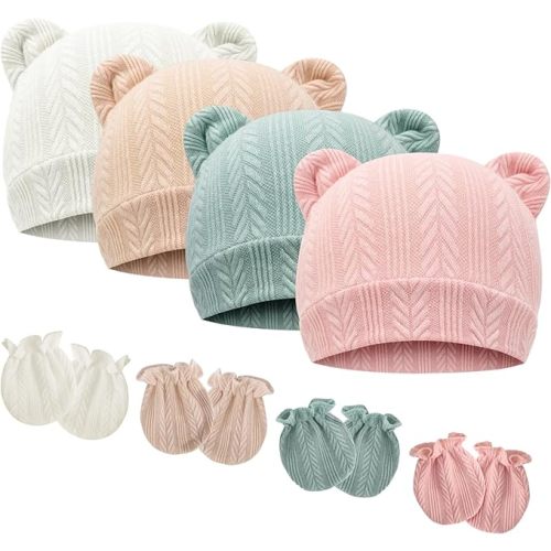 BQUBO Newborn Baby Hats Bear Ears and Mittens Sets Preemie Caps Baby Boy Girl Infant Hospital Beanie for 0-3 Months