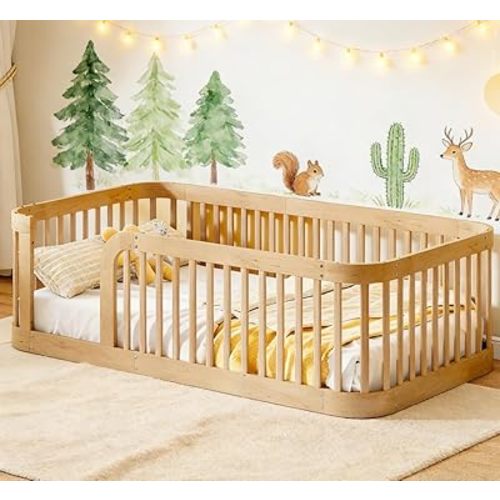 Bellemave Twin Size Floor Bed with Rounded Corners for Kids, Twin Floor Bed with High Fence, Wooden Montessori Beds for Kids, Natural no slats